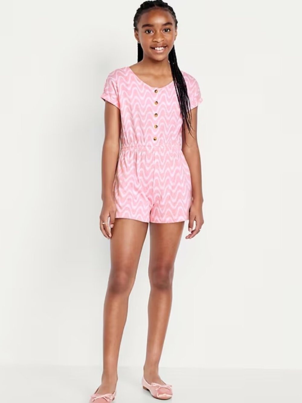 Old Navy Printed Short-Sleeve Button-Front Romper for Girls Pink Wave S